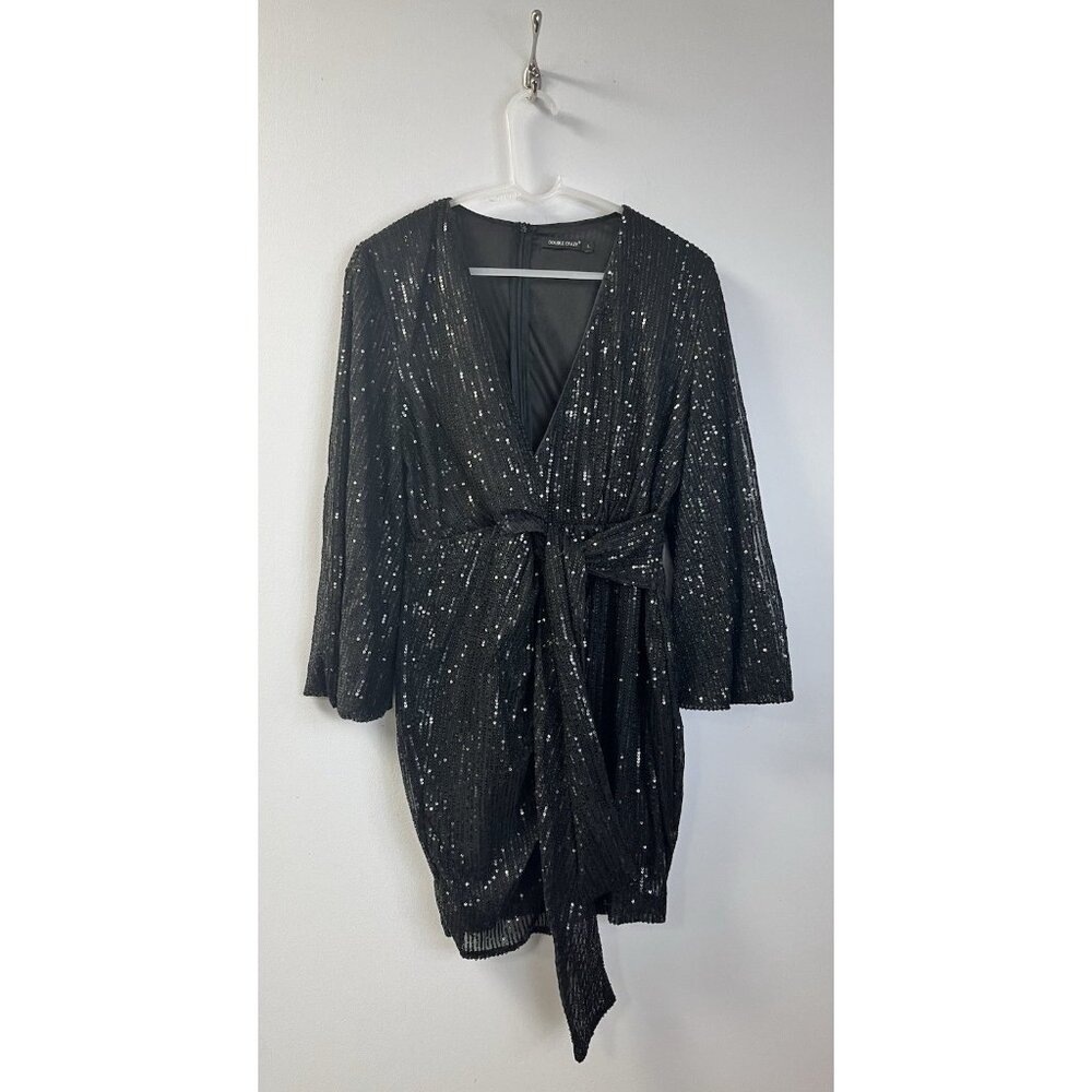 Sexy/Classy Double Crazy Black Sequin Long Sleeve Wrap Dress L 🤍 - Picture 2 of 8